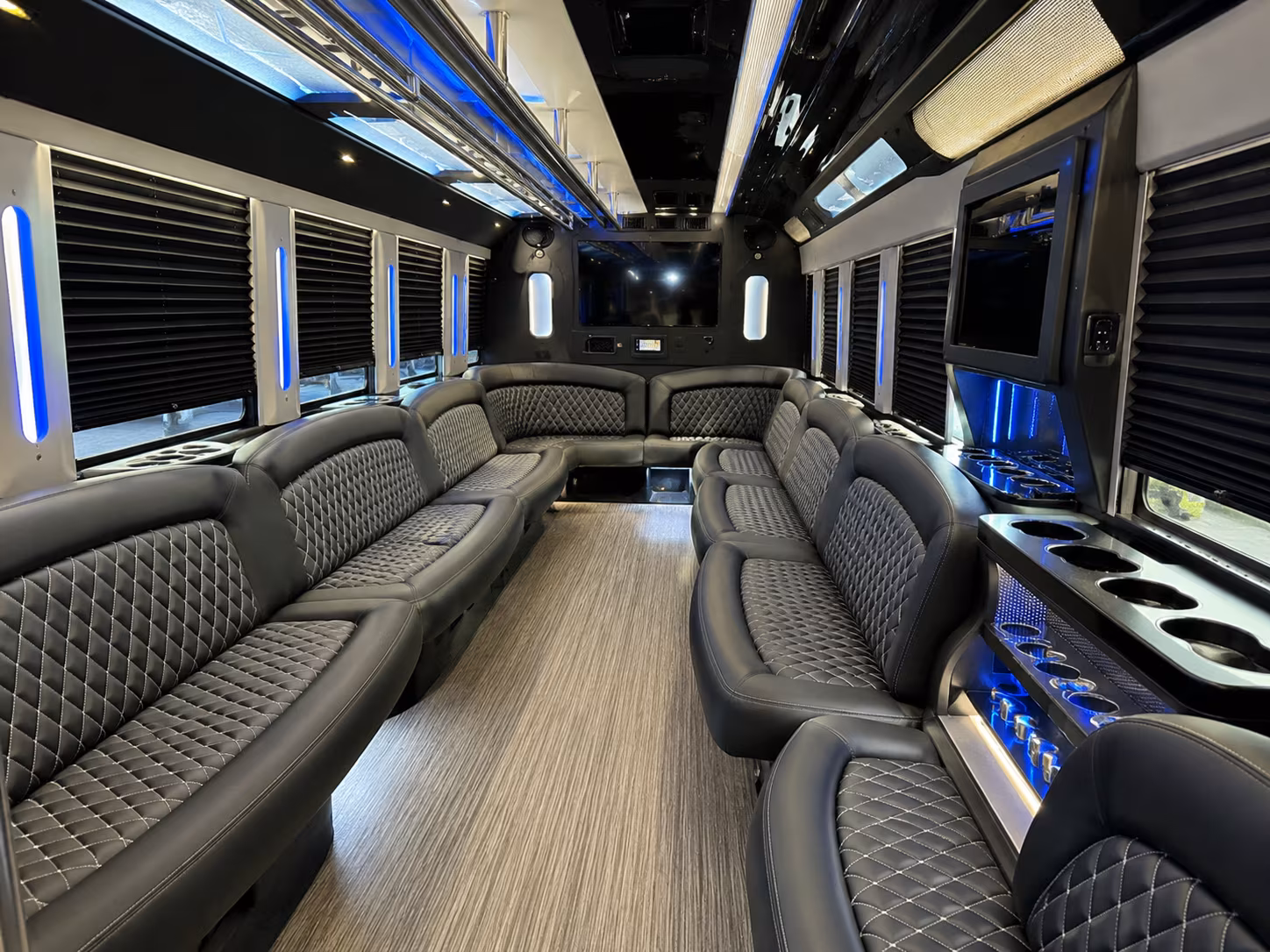 Passenger seating aboard a party bus rental serving Overland Park